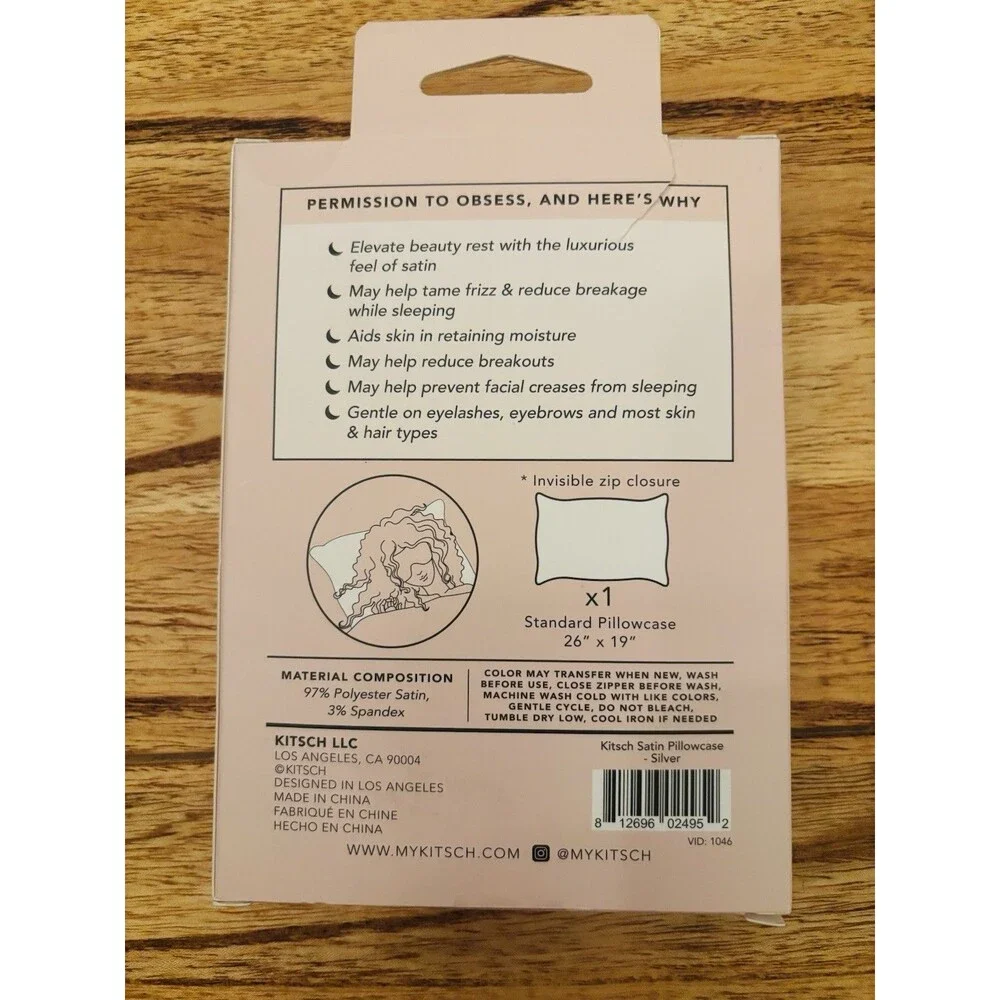 New KITSCH BEAUTY Silver Satin Pillowcase STANDARD Size 26